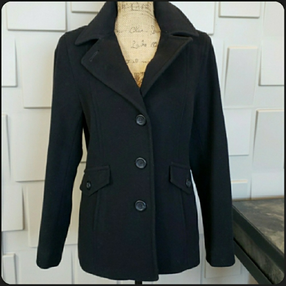 Croft & Barrow pea coat jacket black wool long sleeve Size Large